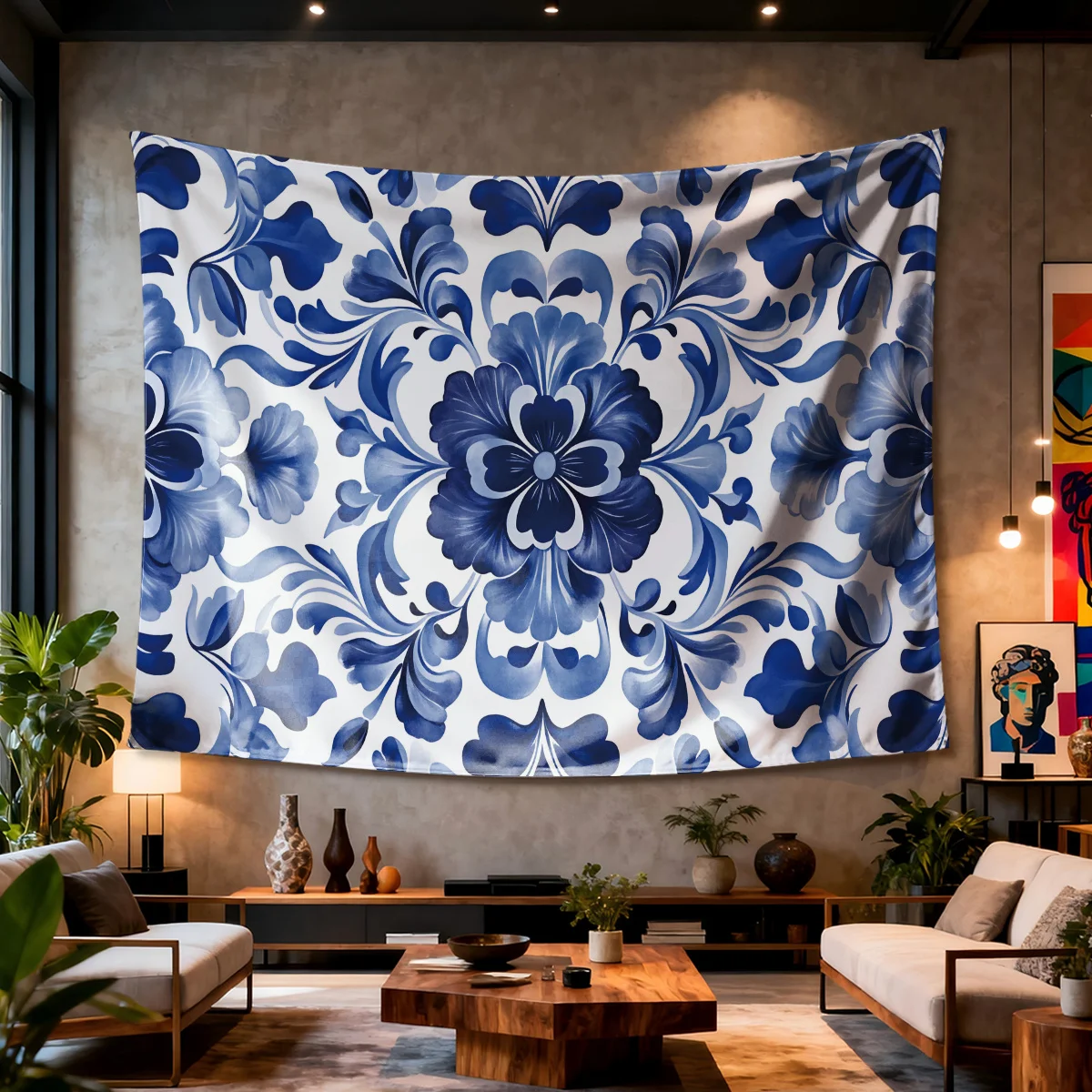 Blue and White Floral Baroque Tapestry Wall Hanging Large Living Room Decor Damask Parisian Style Tapestry 150x300cm