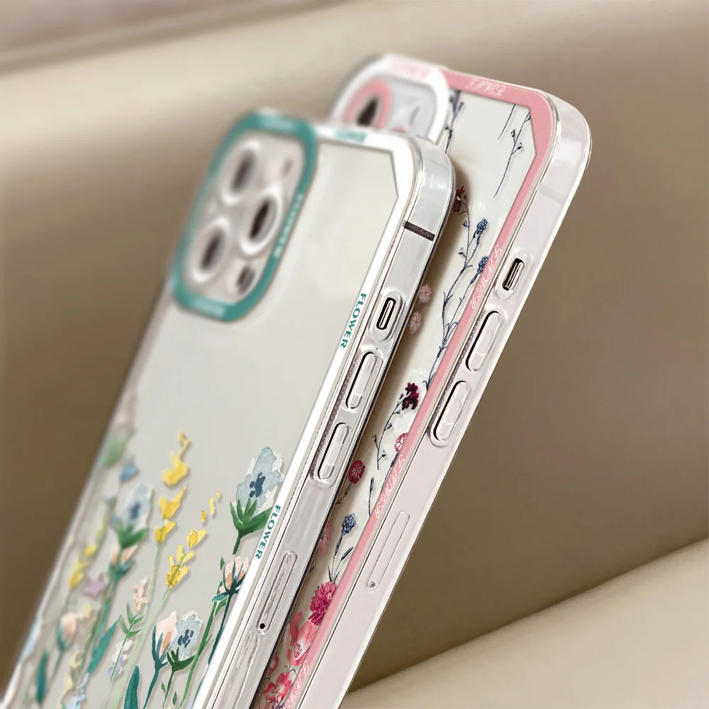 Flower Clear Case For iPhone 11 Pro Max 14 12 13 Pro 7 8 Plus X XR XS Max SE 2020 2022 Shockproof Lens Protection Soft TPU Cover