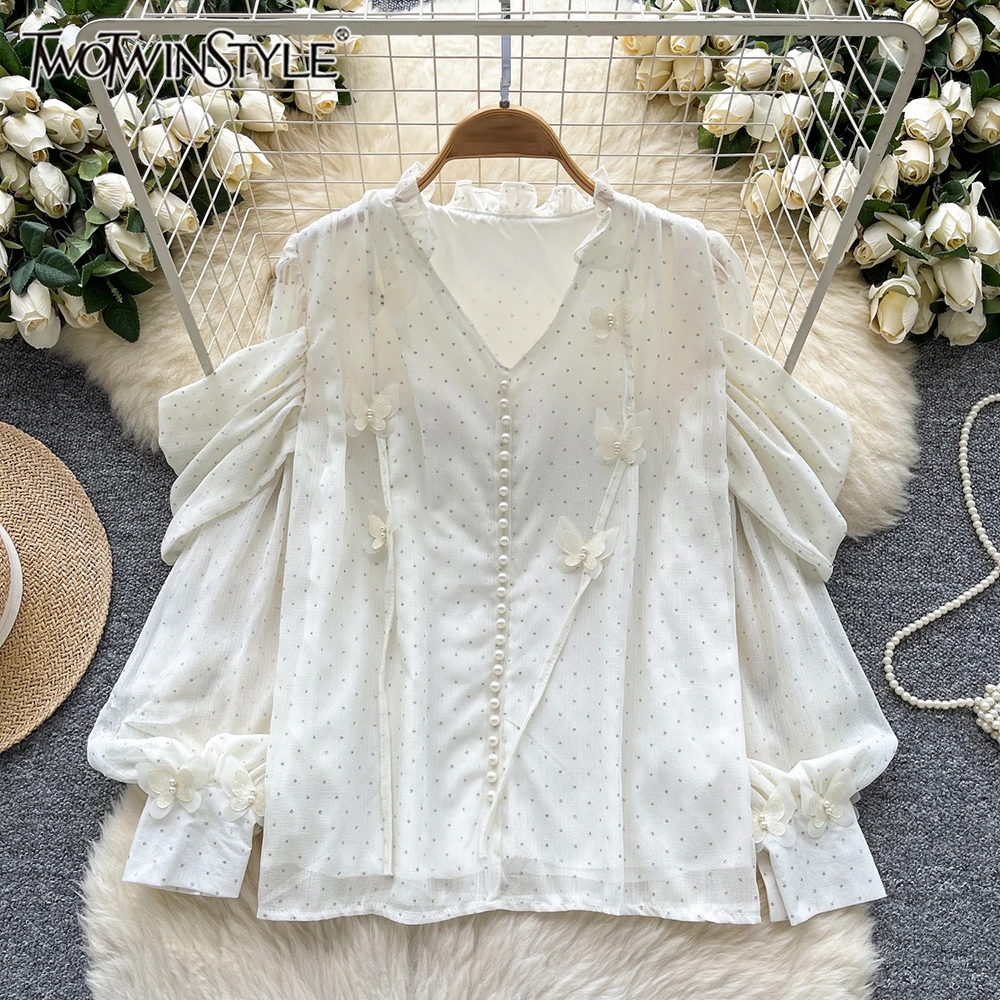 

TWOTWINSTYLE Casual Loose Spliced Appliques Solid Blouses For Women V Neck Long Sleeve Temperament Shirts Female New KBL541995