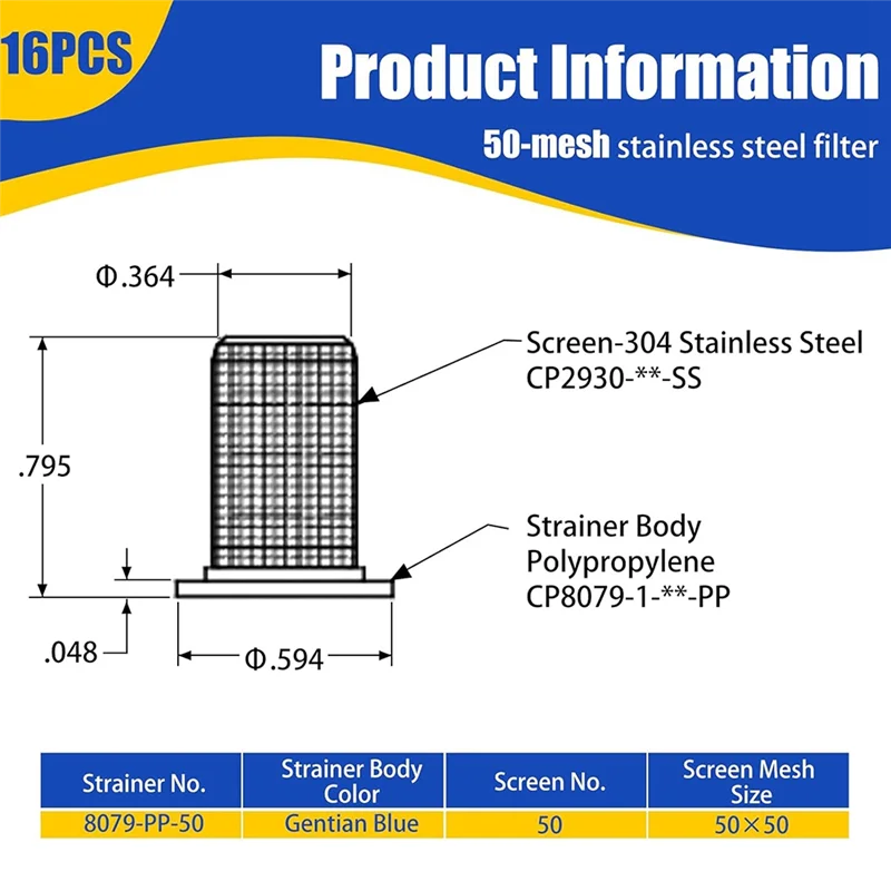 

【OFF-SHELF】Strainer For Teejet Sprayer Nozzles 16Pcs 8079-PP-50 Stainless Steel 50 Mesh Filter Screen Set