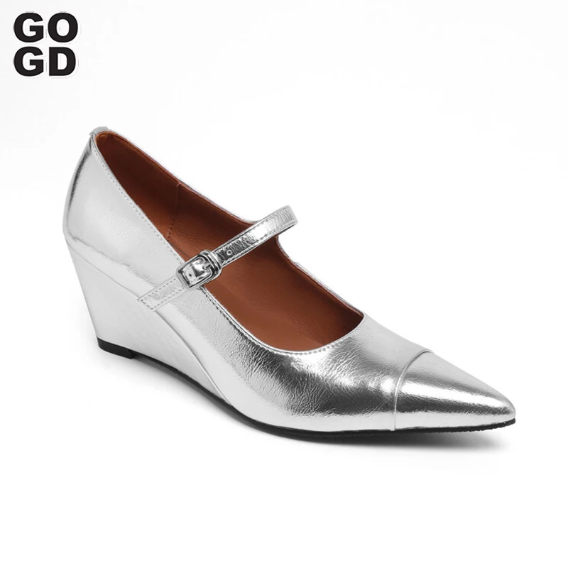 

GOGD Women's High Heels Spring/Summer Fashion Silver Patent Pu Buckle Strap Wedges Pointed Toe Mary Jane Shoes Elegant Style