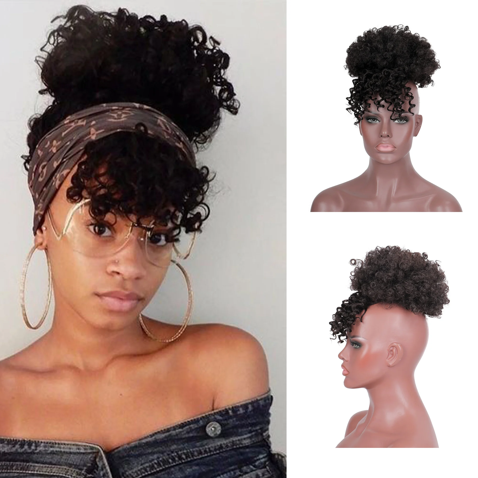 Extensiones de pelo Afro sintético para mujer, moño Afro de pelo rizado, postizo, tupés, color negro Natural