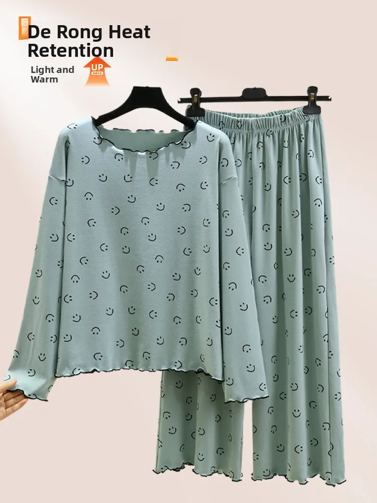 

Warm Double-Sided Fleece Home Clothes Set for Women Loose plus Size Smile Face Nightgown Pajamas Long Sleeve round Neck Polye...