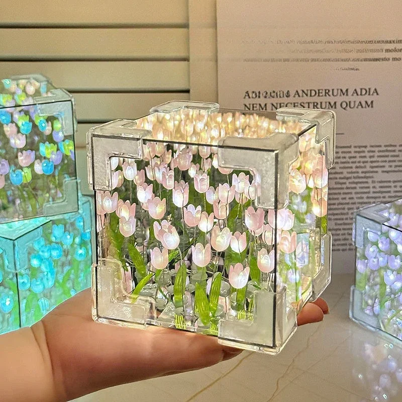 Creative Diy Tulip Flower Sea Cube Three-Dimensional Small Night Lamp Material Package for Girlfriend Couple Girlfriends