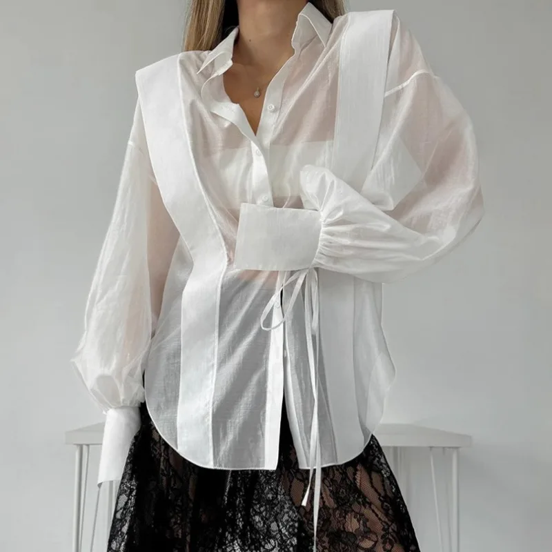 

Talenza Women's Elegant Shirt White Long Sleeve Lace Up Single Breasted Lapel Shirt Casual Commuting Sexy See-through Top Shirt