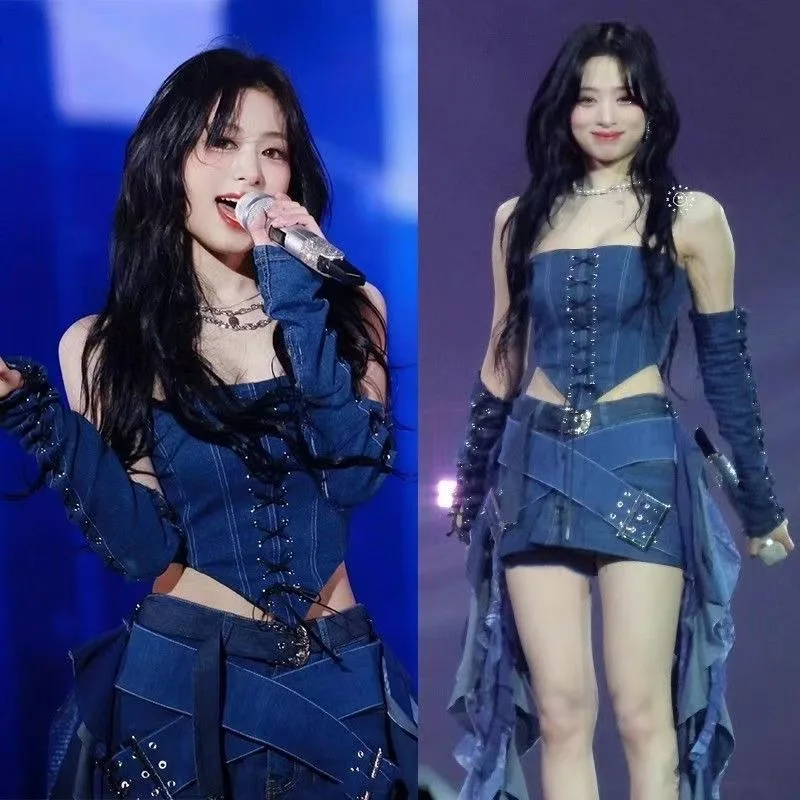 

BABYMONSTER Ahyeon Same Style Denim Stage Outfit Kpop Jazz Dance Performance Costume for Women