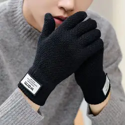New Men Winter Warm Knitted Gloves Windproof Solid Color Touch Screen Gloves Thickened Plush Cycling Gloves