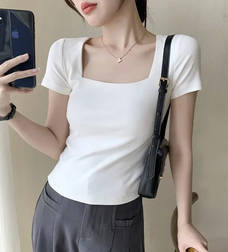 New Women Elegant Square Collar T Shirts Spring Summer Casual Rib Tops Casual All-Match Tees Fashon Chic Sweet Girls Streetwears