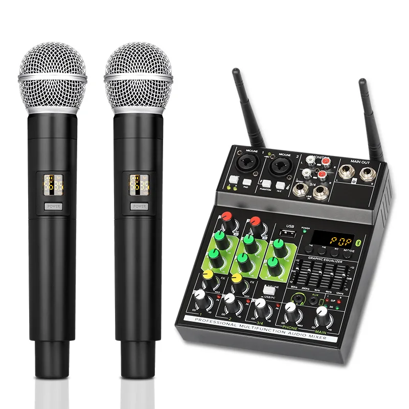 

Wireless Microphones 4 Channels Audio Mixer 1 Drag 2 Mics Mixing Console With Bluetooth USB Effect For DJ Karaoke PC Guitar