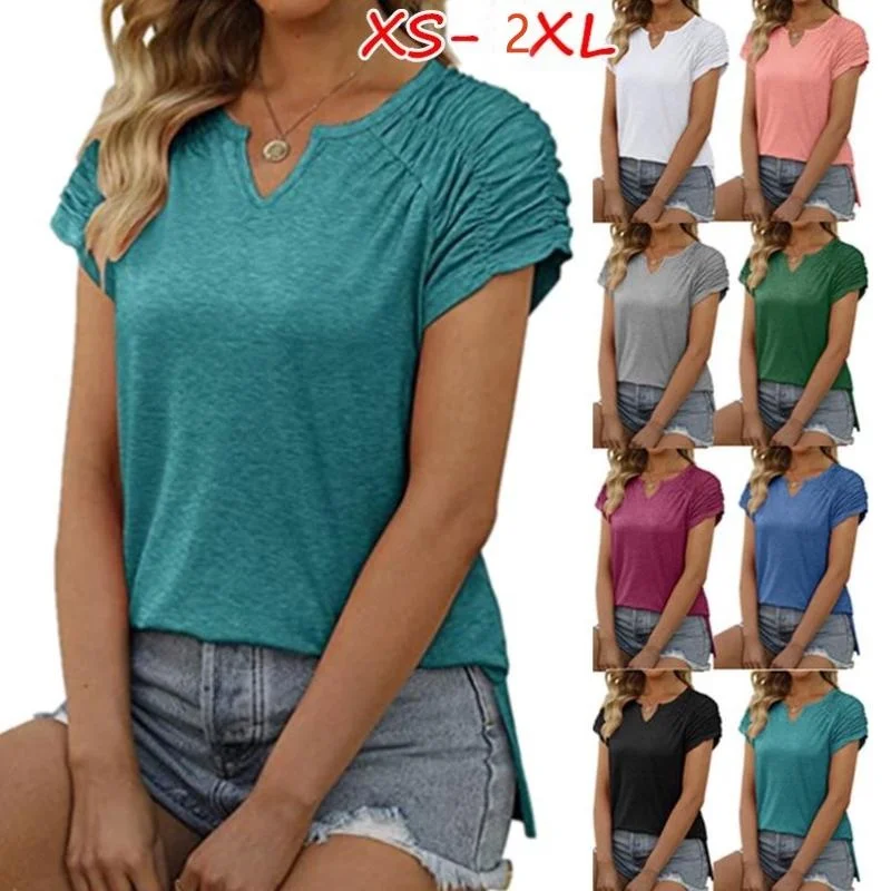 

GELITAYIN женские модные летние повседневные футболки с v-образным вырезом, женские однотонные блузки с короткими рукавами, свободные футболки, топы