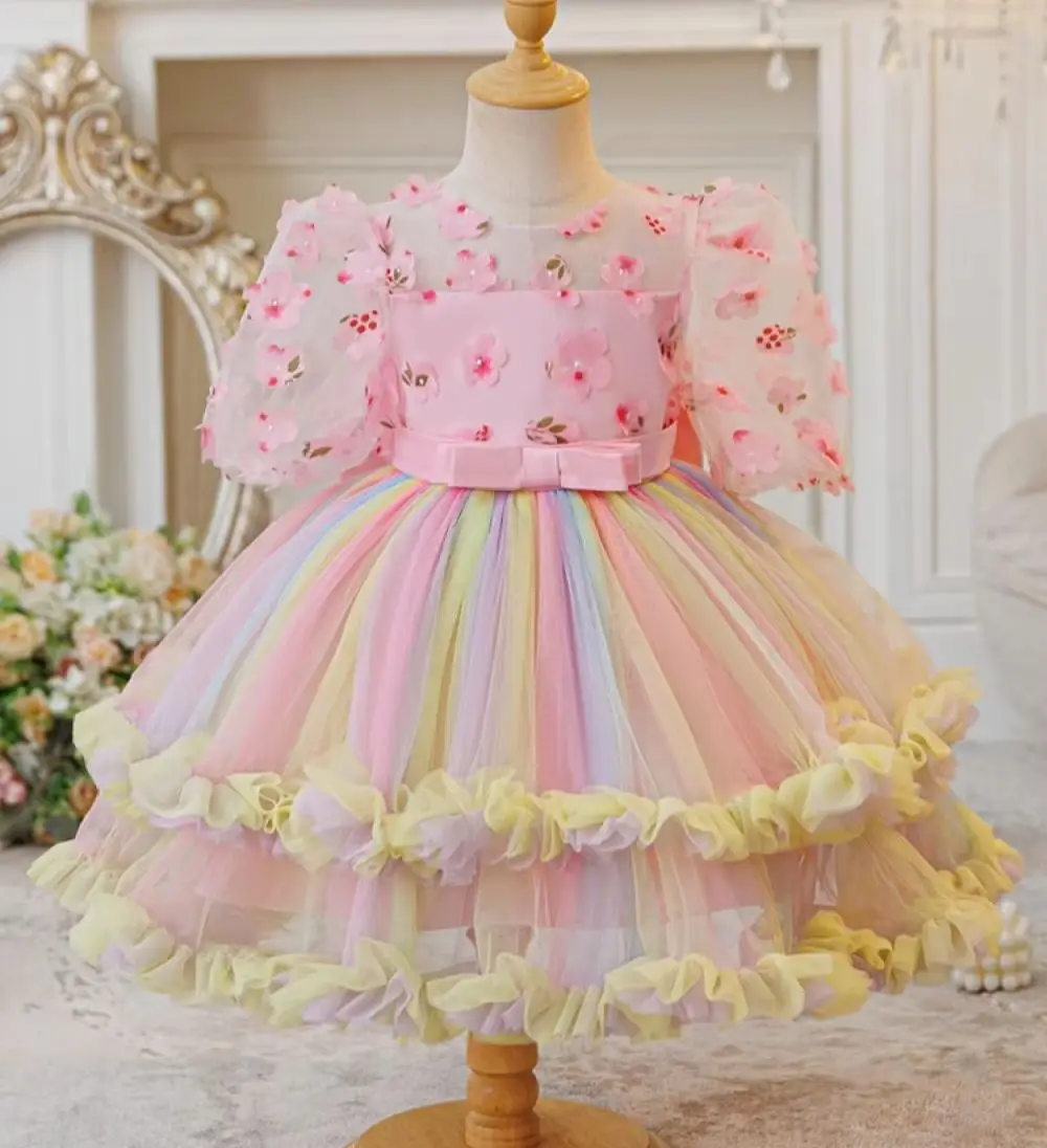 Girls Holiday Dress with Flower Kid Princess Dresses Girly Clothes Tulle Colorful Clothing Ball Gown