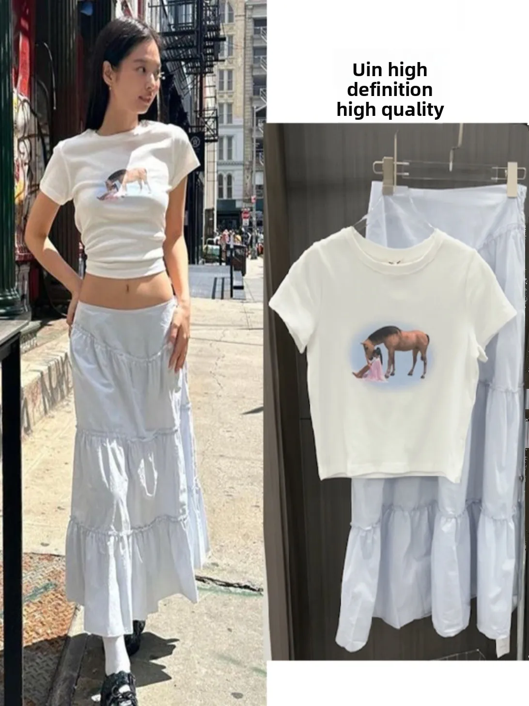 

Белая футболка с милым животным принтом и плиссированной длинной юбкой трапециевидной формы, женская модная корейская футболка из смеси хлопка