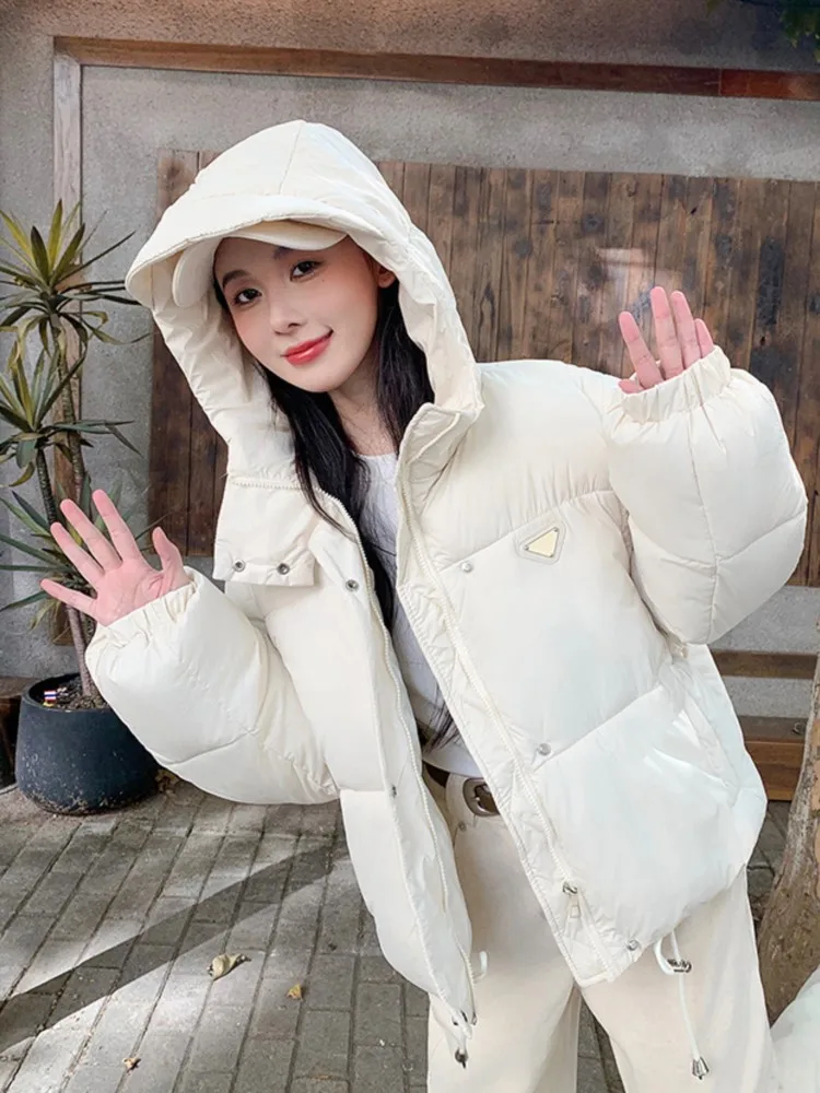 

Korean Fashion Casual Basic Women's Cotton Coat Autumn Winter Zipper Thickened Hooded Short Coats Office Lady New Female Clothes