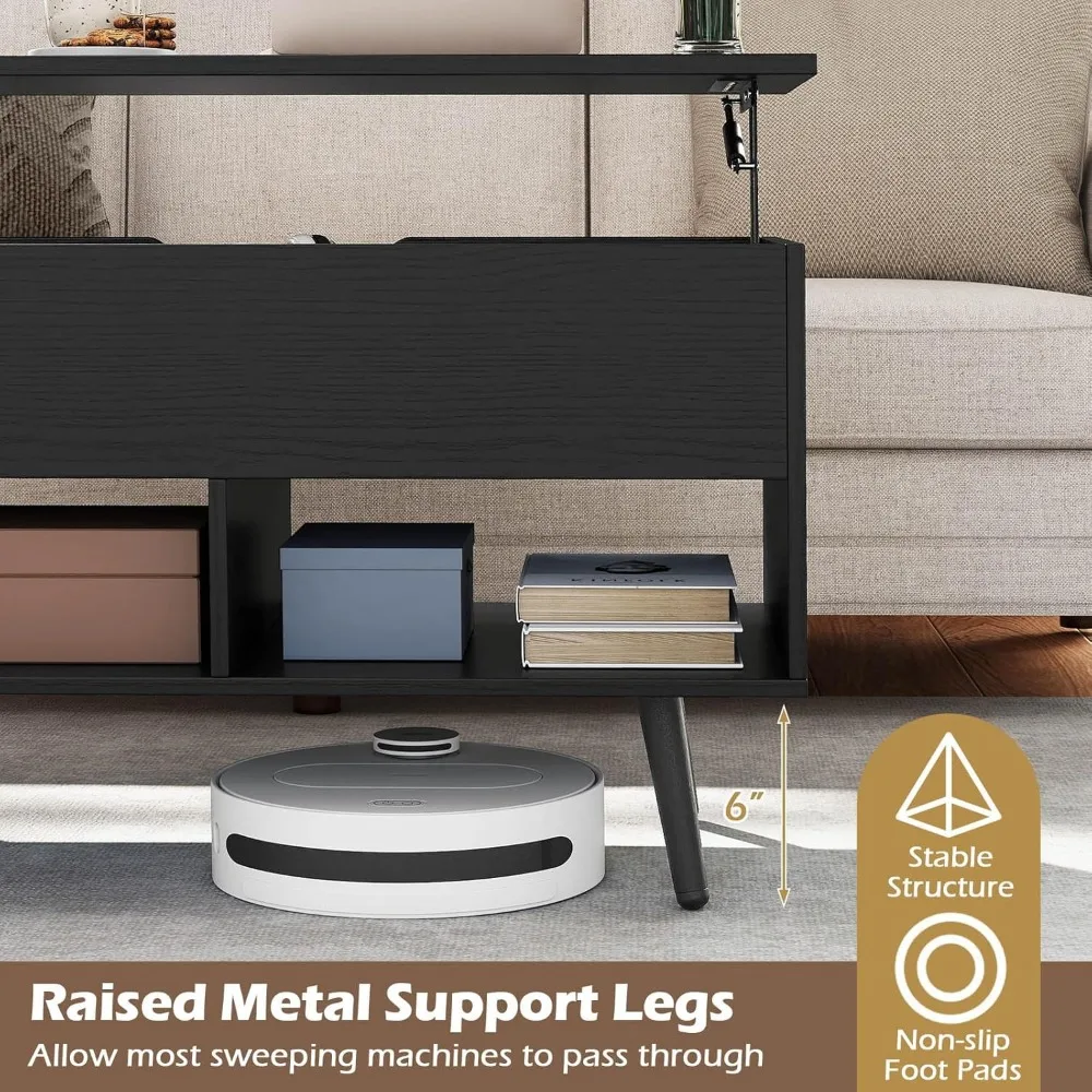 طاولة قهوة حديثة قابلة للرفع مع مساحة تخزين مخفية ورفين مفتوحتين، سحب خشبي لغرفة المعيشة المعاصرة