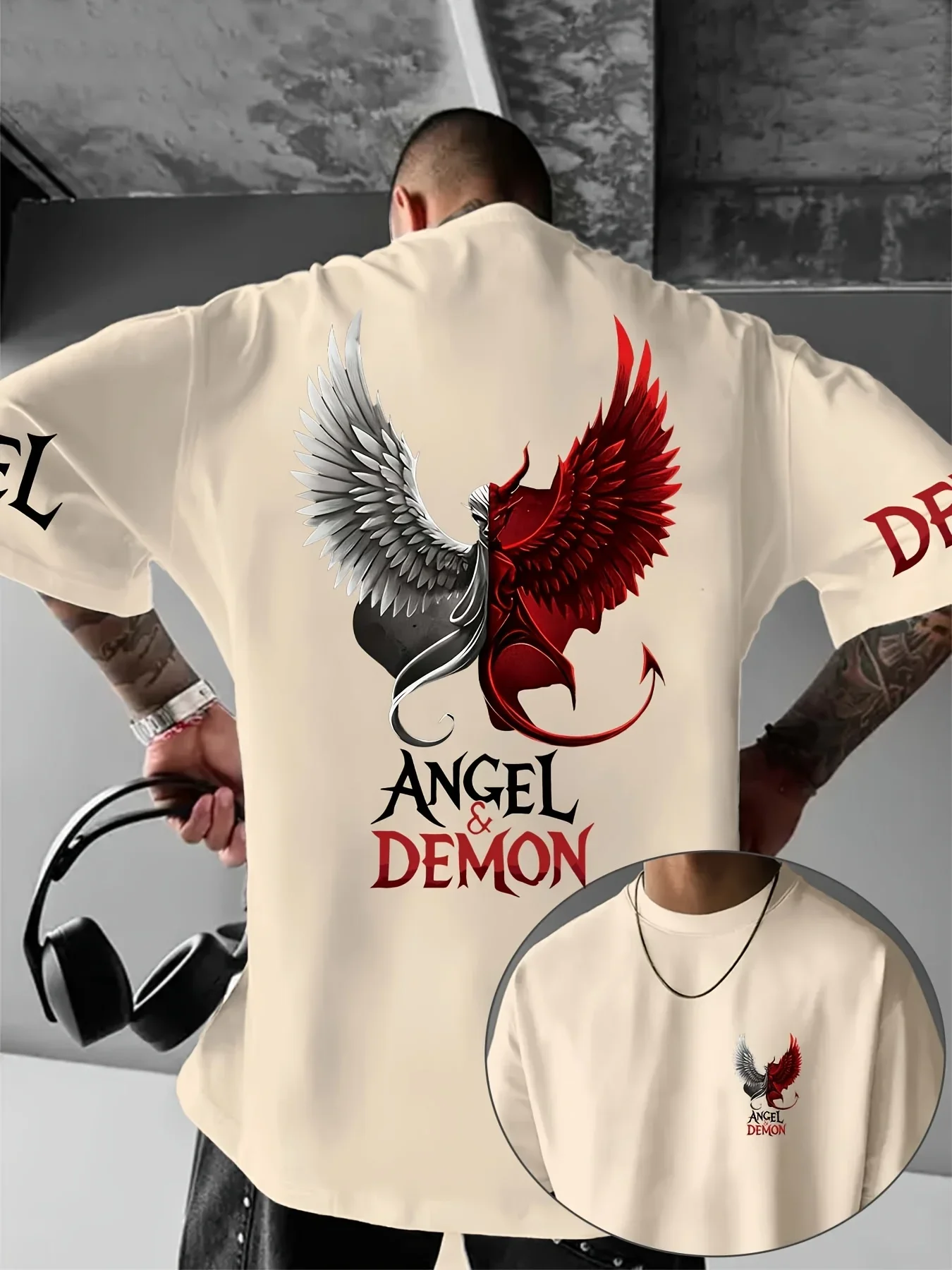 Hot-selling 100% Cotton Summer T-shirt Men's Gothic Angel and Devil Pattern Trendy Casual Street Style Top