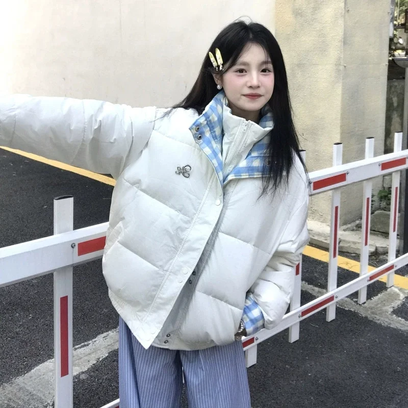 Korean Fake Two Pieces Style Plaid Spliced Cotton-padded Jacket Women's Short Coats Autumn Winter Student Thicken Loose Parkas