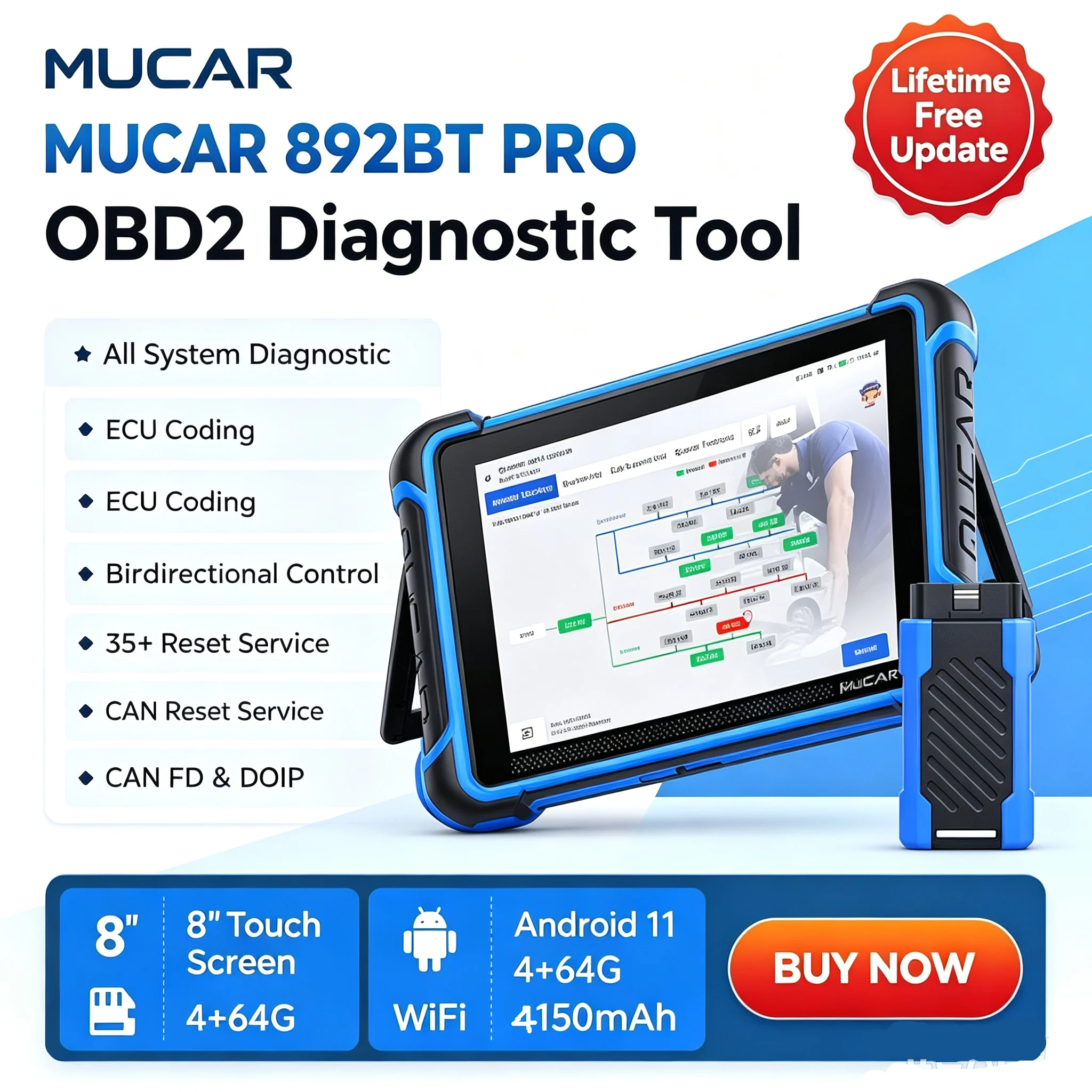 MUCAR 892BT PRO AI Key Programmer J2534 Automotive Topology Diagnostic Tool ECU Coding Bidirectional Car OBD2 Scanner CANFD DOIP