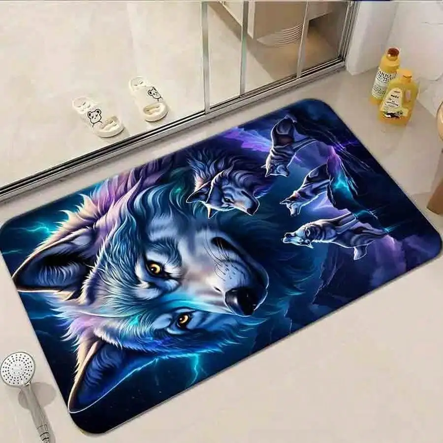 1pc Flannel Floor MatMystical Wolf Pack Area Rug Fantasy Electric Blue Lightning Night Sky Printed Floor Mat Modern Home DecorNon-Slip, Machine Washable, Soft