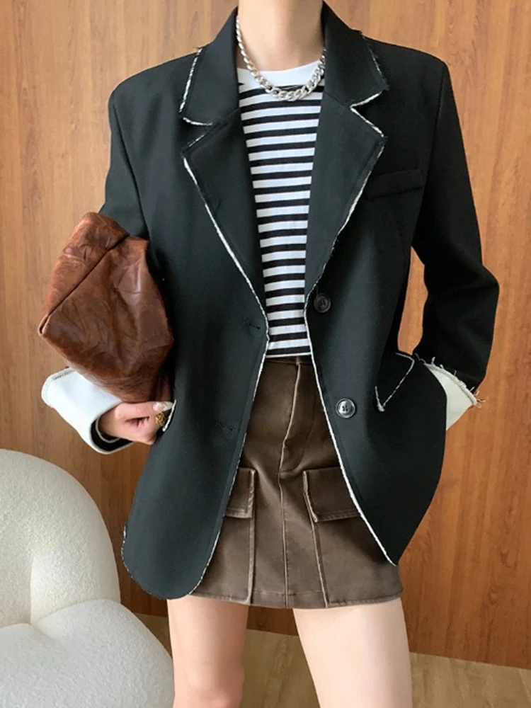 [LANMREM] Burr Edge Contrast Color Blazers For Women Notched Single Breasted Long Sleeve Fashion Jackets 2024 Autumn New 26D9771