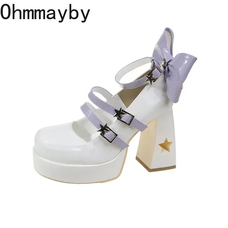 Pompy Lolita buty platforma buty Mary Jane gwiazda pasek z klamrą kobiety wiązane krzyżowo Pu skórzane dziewczyny nit obuwie kawaii