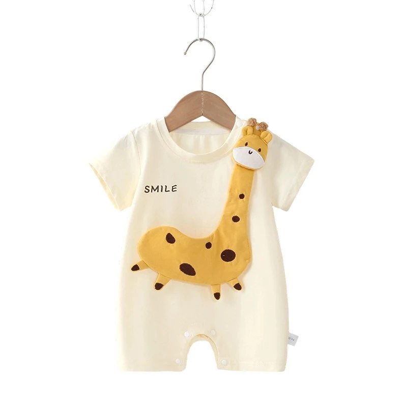 Infant Summer Short-sleeve Skin-friendly Romper for Boys & Girls Cute Cartoon 3D Giraffe Jumpsuit Breathable Crawling Clothes