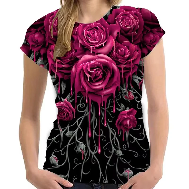 New 3D Printing Women's Short Sleeved T-shirt Rose Graphix Summer Casual Y2k Harajuku Round Neck T Shirt Oversized Men Clothing