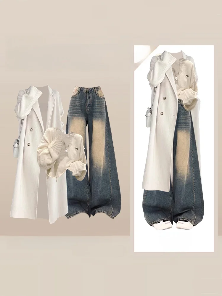 

Elegant Korean Style Women's Autumn Winter Fashion Set Windbreaker Jacket Knitted Sweater Wide Leg Jeans Three Piece Suit