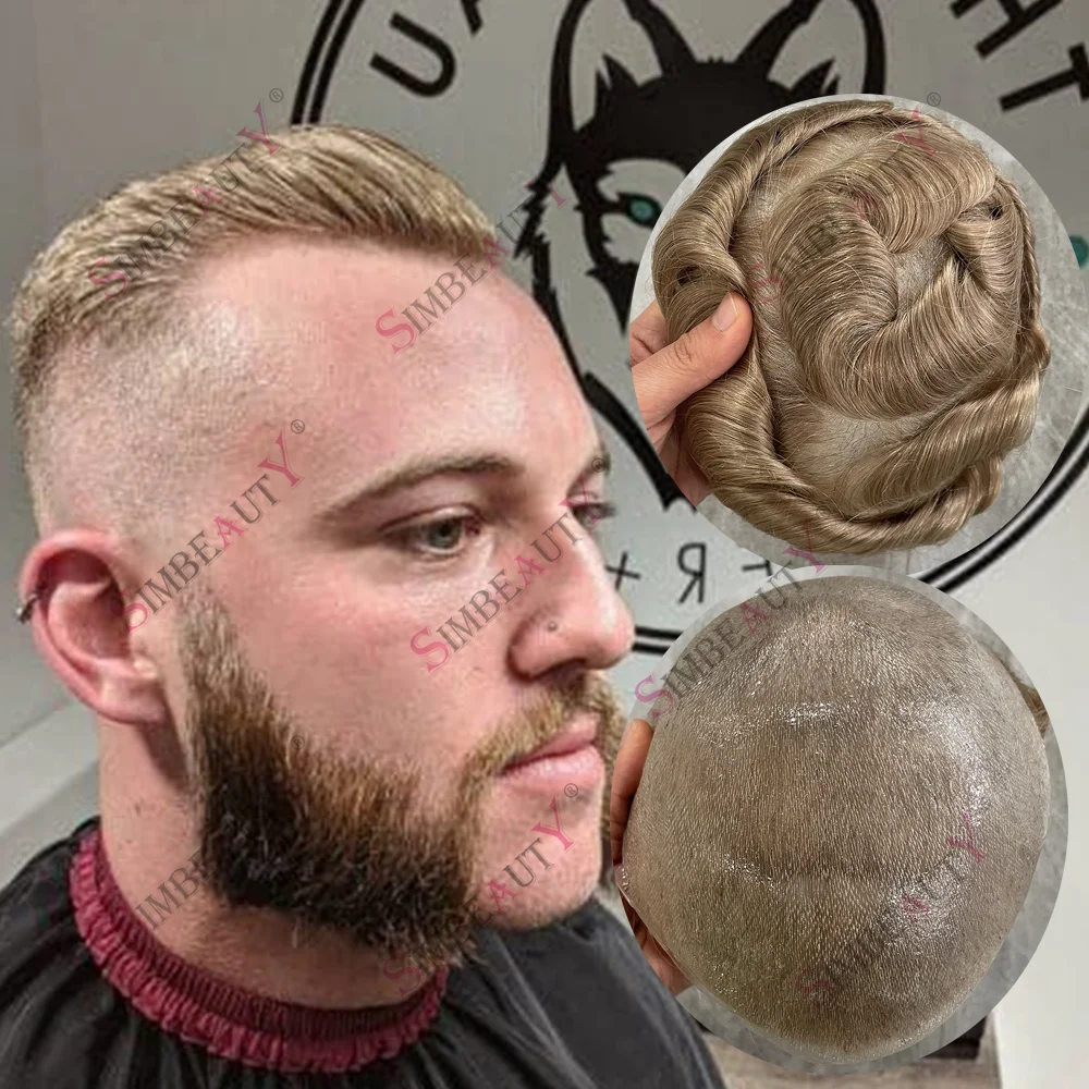

European Male Hair Prosthesis Invisible Hairline Ultra Thin Skin 0.02mm Toupee Men Wig 22r# Blonde Human Hair Replacement System