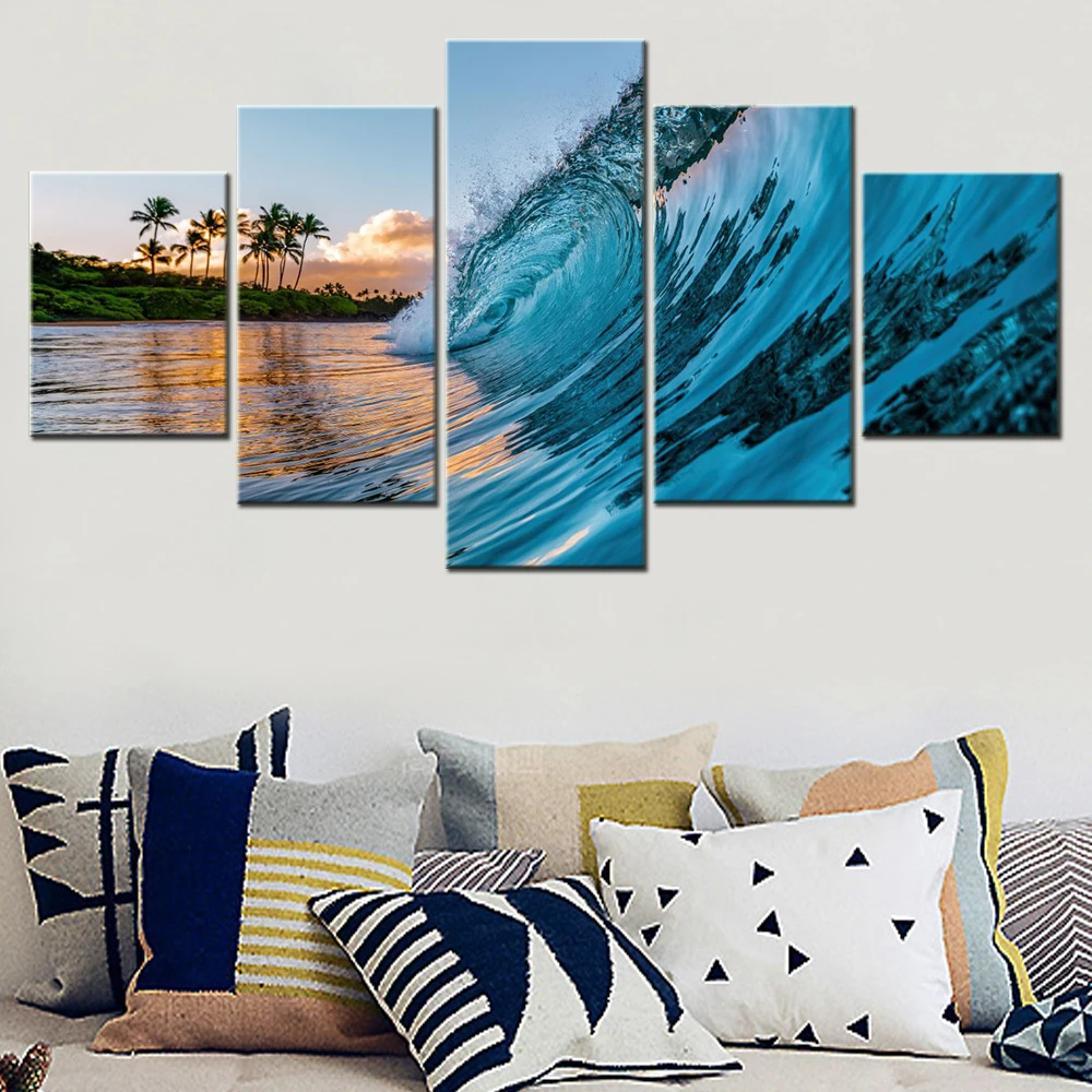 

5 Pieces Canvas Artwork Interior Poster Painting Nature Ocean Waves Palm Trees Wallpaper Home Decor Modular Picture Print