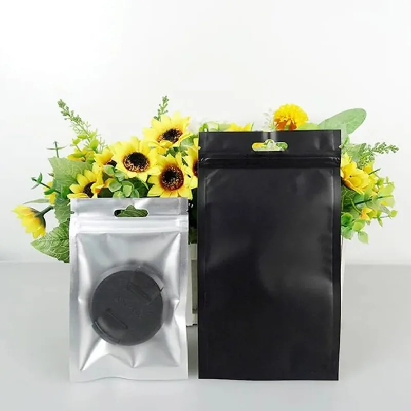 

DHL 10*18cm(3.9"*7.1") Black Aluminum Foil Zipper Poly Packing Bag W/ Hang Hole Reclosable Front Clear Ziplock Storage Pouches