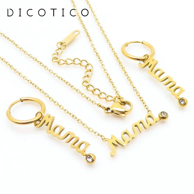 2pcs/sets Mother's Day Letter Word Mama Pendant Necklace Danlge Earrings For Women Fashion Stainless Steel Jewelry Sets Mujer