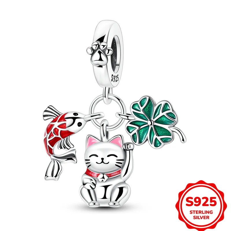 

925 Sterling Silver Lucky Cat Carp And Four-leaf Clover pendant Charm Fit DIY Bracelet Necklace Engagement Birthday Jewelry Gif