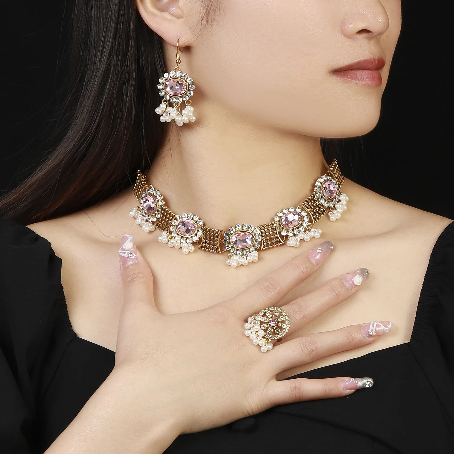 Central and Southeast Asia African Jewelry Set Tassel Gem Necklace Earrings Ring Combination Export Spot Necklace