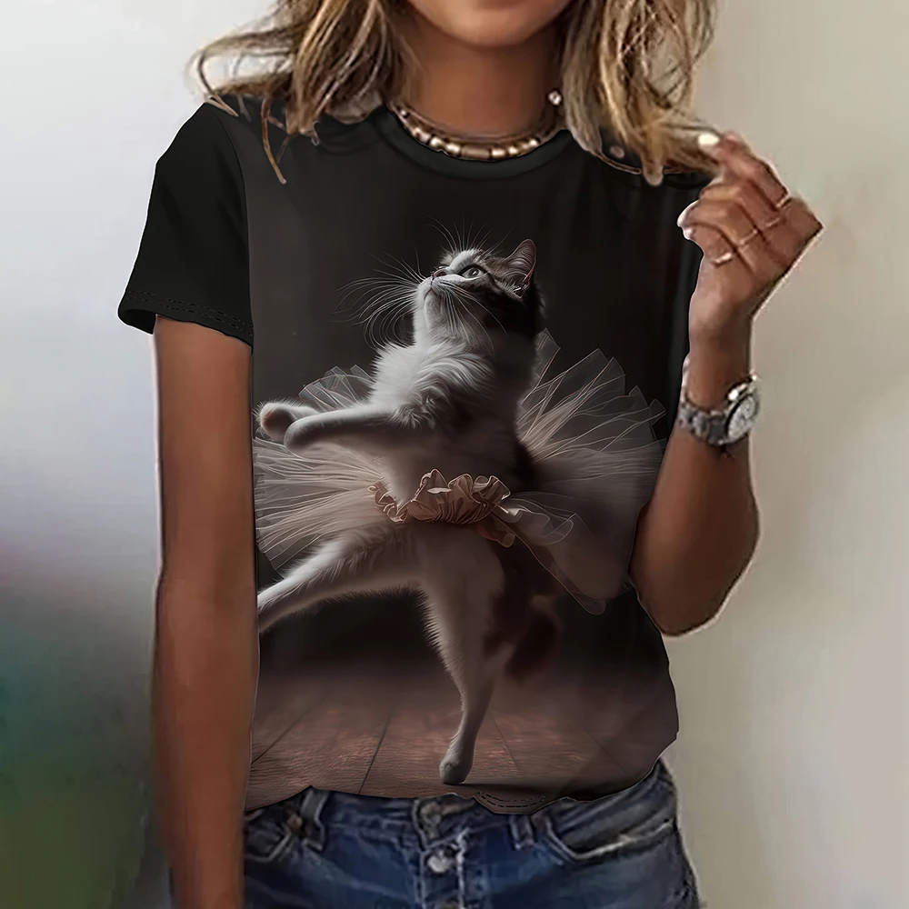 女性用3D猫柄Tシャツ,半袖トップス,カジュアル原宿ファッション,ルーズなストリートスタイル,楽しい動物パターン