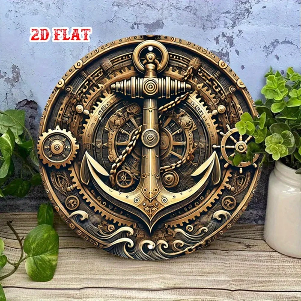 Vintage Metal Steampunk Anchor Wall Art 7.8 Inch Round Blue Bronze Nautical Decor Frameless Aluminum Gear Design for Living Room