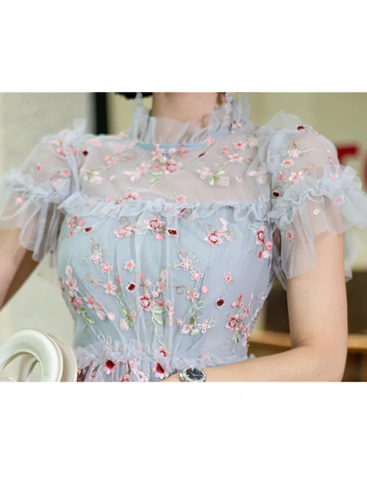 High-Quality Luxury Design Runway O-Neck Ruffle Short Sleeve Summer Dress  For Women Luxury Mesh Embroidery Flower Long Dress - AliExpress 200000345