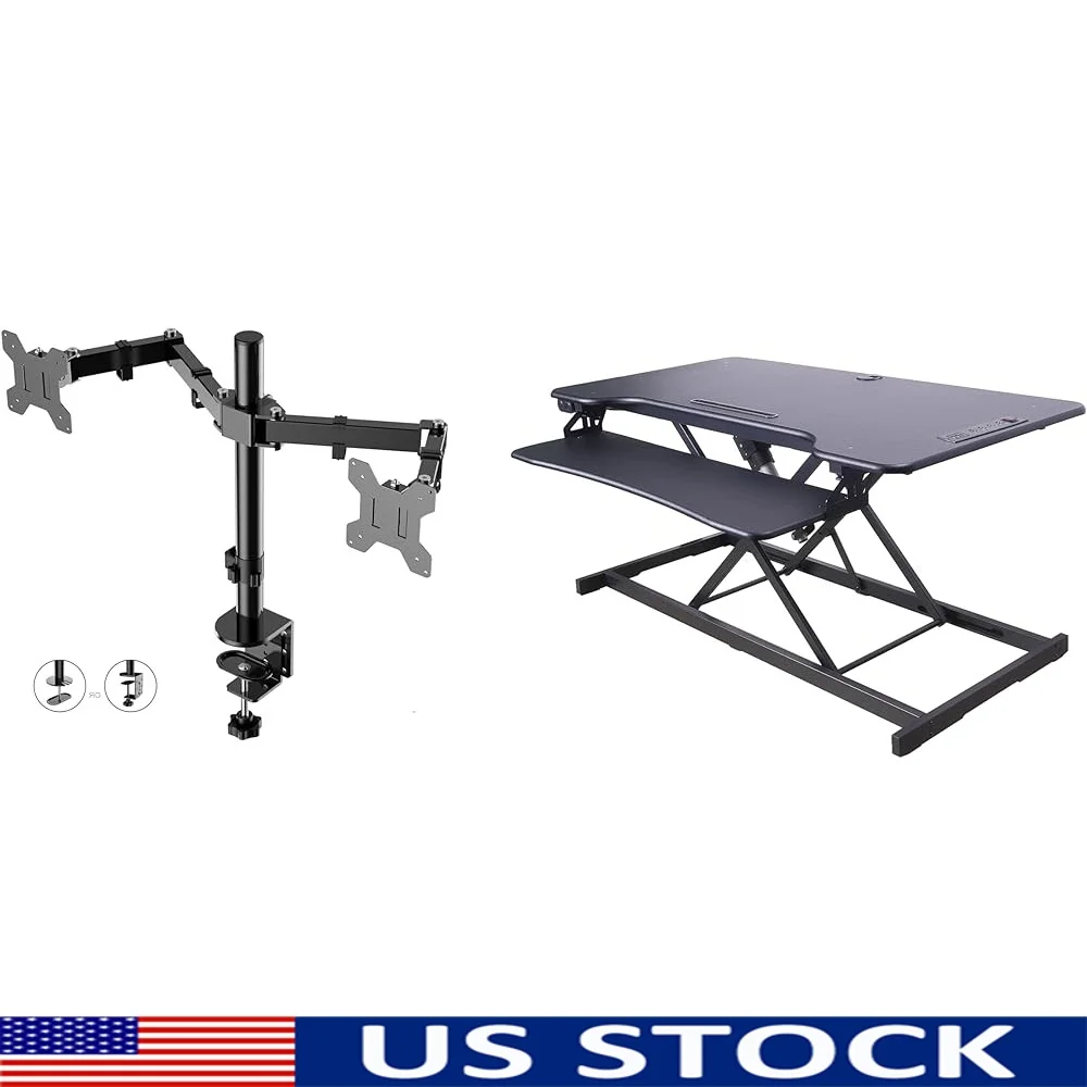 

Electric Standing Desk Converter with Dual Monitor Arm Desktop Riser AC Outlet USB Charger Adjustable Sit Stand Workstation