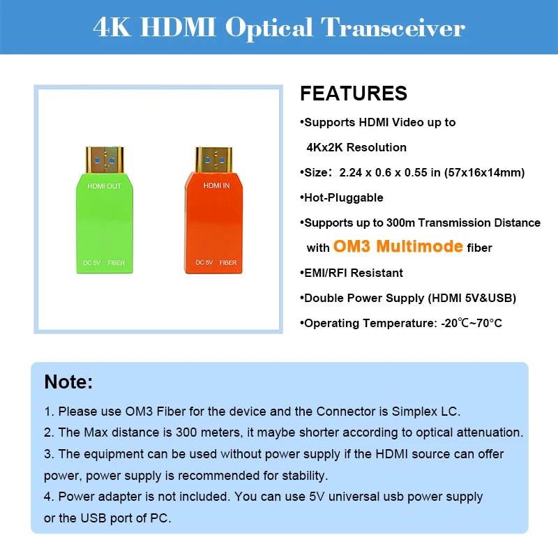 Mini 4K HDMI Fiber Extender, Resolution 4Kx2K@30Hz HDMI 1.4a HD Video Optical Transceiver, OM3 Multimode Fiber transmission 300m