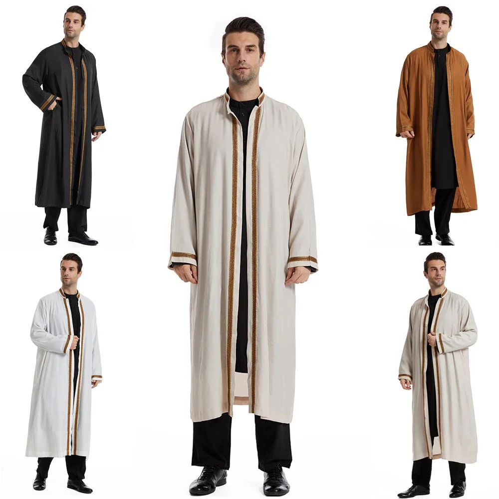Abbigliamento islamico musulmano Uomo Jubba Thobe Kimono aperto Abito lungo Musulman saudita Indossare Abaya aperto Caftano Islam Dubai Arabo Eid Ramadan