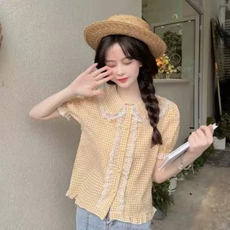 Lolita Plaid Shirts Women Summer Lace Embroidery Ruffles Short Sleeve Blouses Sweet Kawaii Schoolgirl Y2k Tops Blusas Mujer