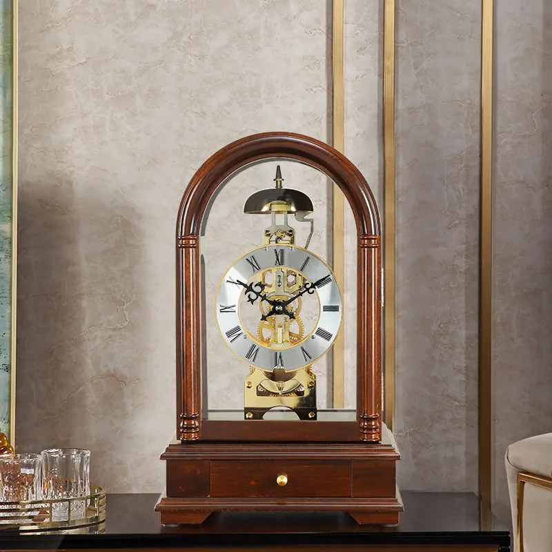 European mechanical clock living room desktop creative solid wood decoration mechanical movement retro clock