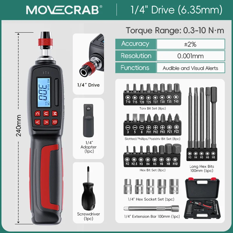 MoveCrab Digitale Momentschroevendraaierset 0,12-10Nm Hoge Nauwkeurigheid 1/4" Aansluiting met 37-delige Bits & Steeksleutelset voor Precisie Mechanica