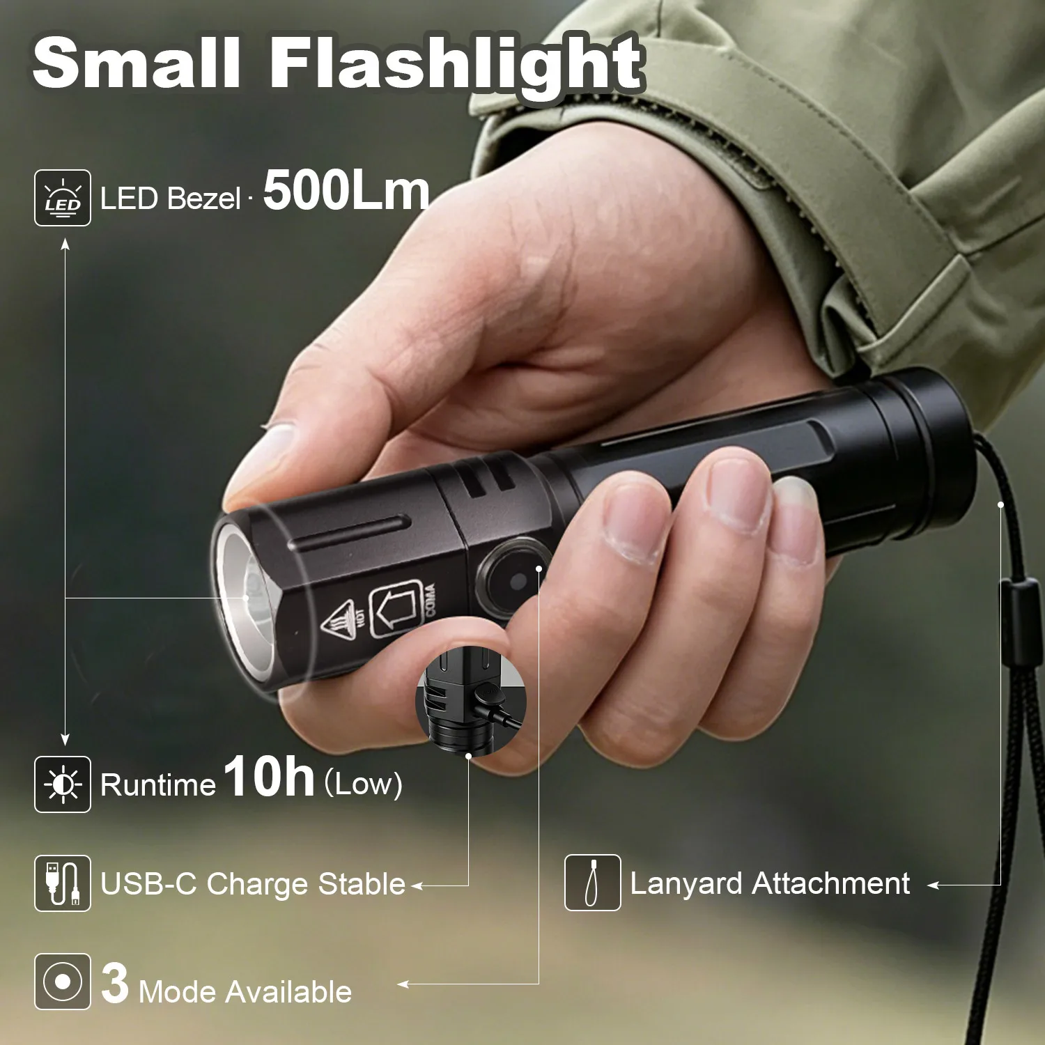 TOJUMPX Rechargeable Flashlight, 84g Ultra-Light EDC Zoom Small Flashlight 500+LM 10H Runtime, 3 Modes USB-C mini Flashlight, IP66, 200m Beam Zoomable EDC for Camping, Home, Emergency, Repair
