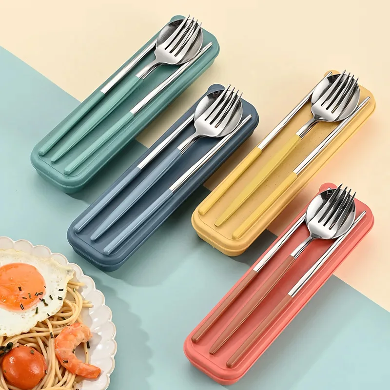 

3/2pcs Portable Stainless Steel Cutlery Set With Storage Box Student Soup Spoon Fork Chopsticks Metal Dinnerware set for outdoor