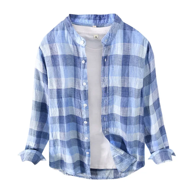 Men Clothing 2022 Fresh Striped Linen Long-sleeved Plaid Shirt Men\'s Youth Casual Shirt