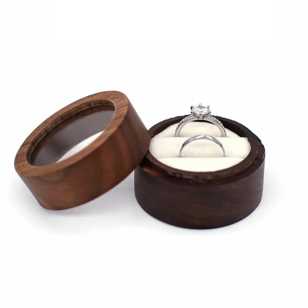 New Wooden Round Ring Box Transparent Cover Portable Engagement Ring Case Brown Wedding Rings Box Valentine's Day