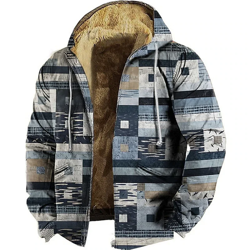 

Men's Zipper Hoodies Winter Fleece Parka Coat Vintage Patchwork Shabby Style Jacket Sweatshirts Outerwear Hooded Zip-up Overcoat