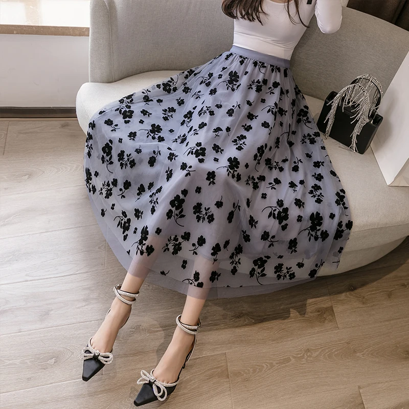 Ladies Black Mesh Long Skirt Women Clothes Woman Casual OL Bilayer Splicing Skirts Girls Cute Skirts Female Clothing Py86492