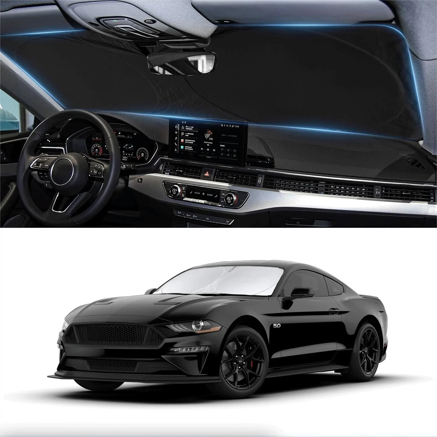 

Ford Mustang 2015-2025 Sunshade, Foldable Windshield Sun Cover Block UV Rays Heat Reflector