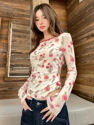 Zoki Sexy Backless Mesh T Shirt Women Slim Long Sleeve Floral Tops Korean Vintage Casual Hollow Out Lace Up Female Design Tees